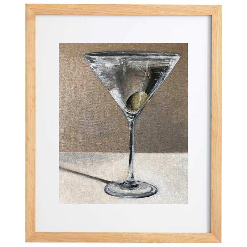 Realistic martini artwork in neutral colours in a natural frame