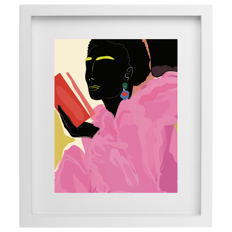 Woman in a pink outfit colour blocked artwork in a white frame