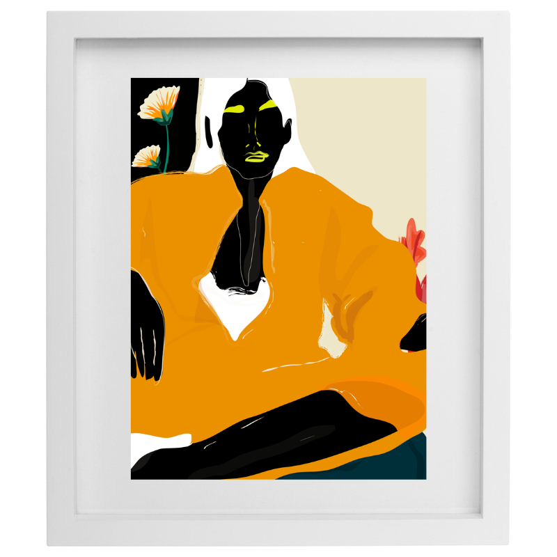 Woman in an orange outfit artwork in a white frame