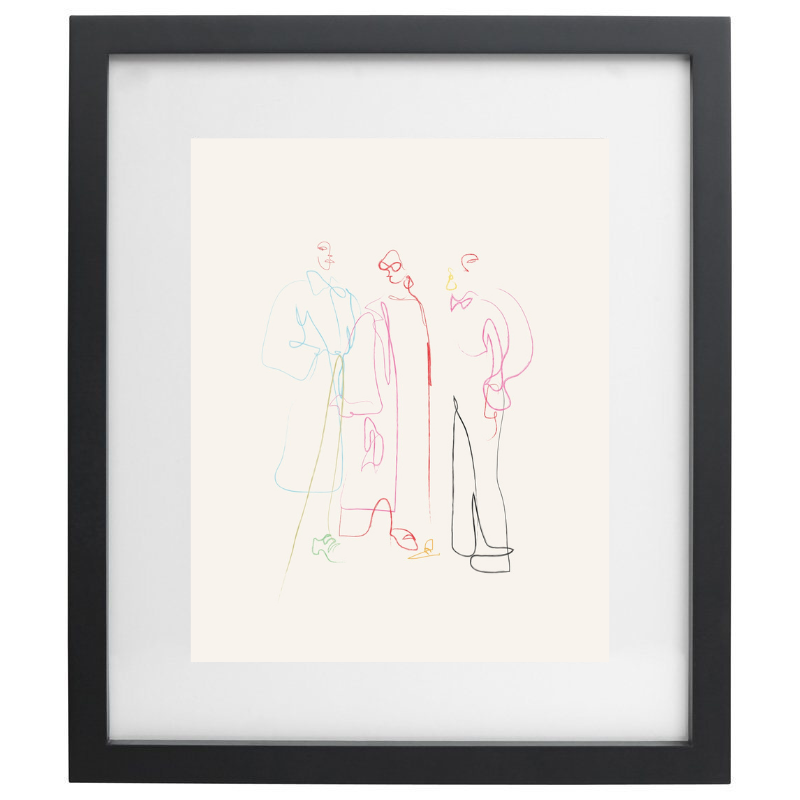 Abstract minimalist multicolour line artwork in a black frame