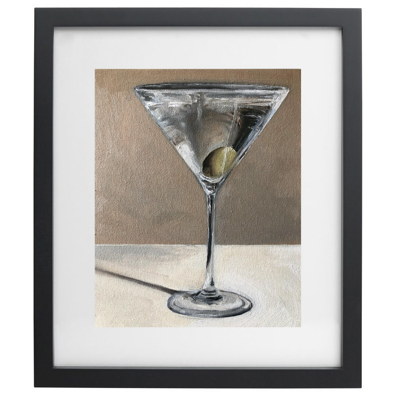 Realistic martini artwork in neutral colours in a black frame