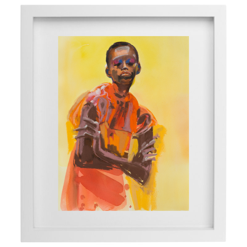 Abstract human form in an orange outfit over a yellow background with a white frame