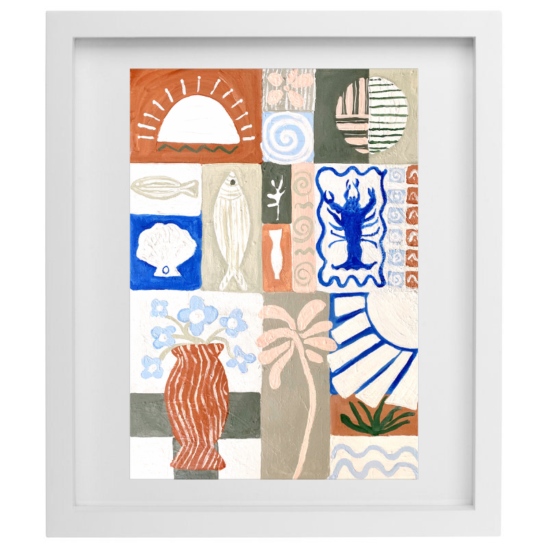 Abstract coastal artwork in pastel colours and cobalt blue with a white frame