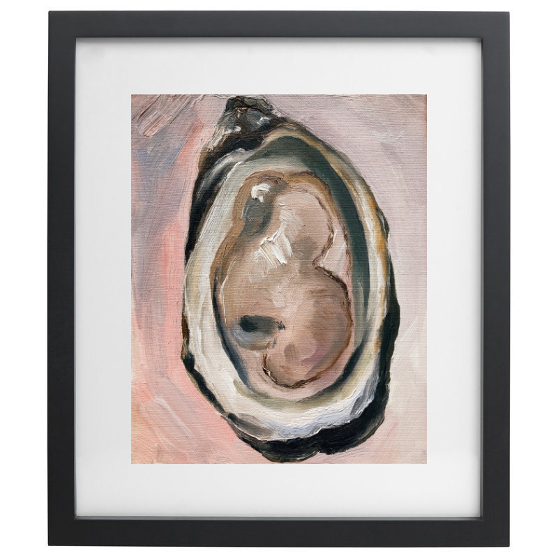 Realistic oyster artwork in neutral colours in a black frame