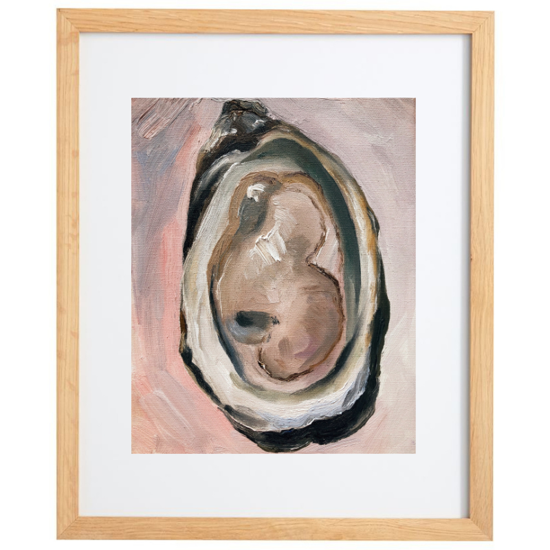 Realistic oyster artwork in neutral colours in a natural frame