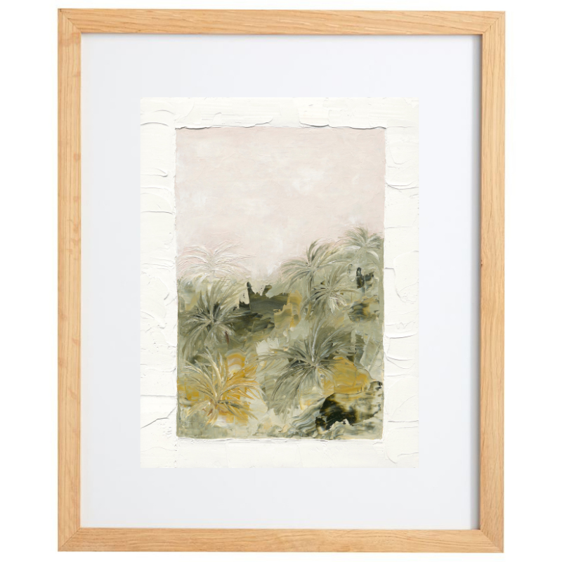 Abstract palm tree artwork in a natural frame