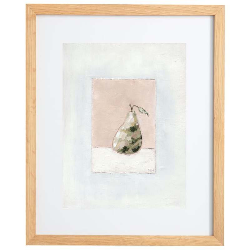 Moldy pear artwork in neutral colours in a natural frame