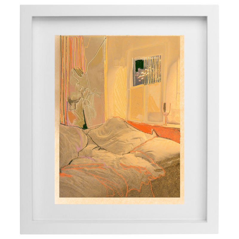 Artwork of a bedroom in a warm colour palette with a white frame