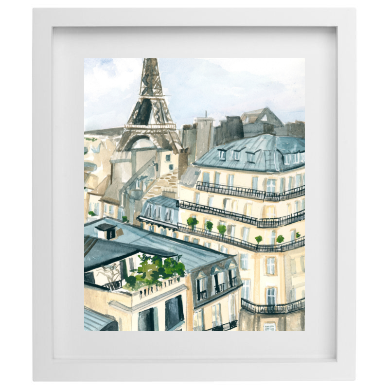 Eiffel tower watercolour artwork in a white frame