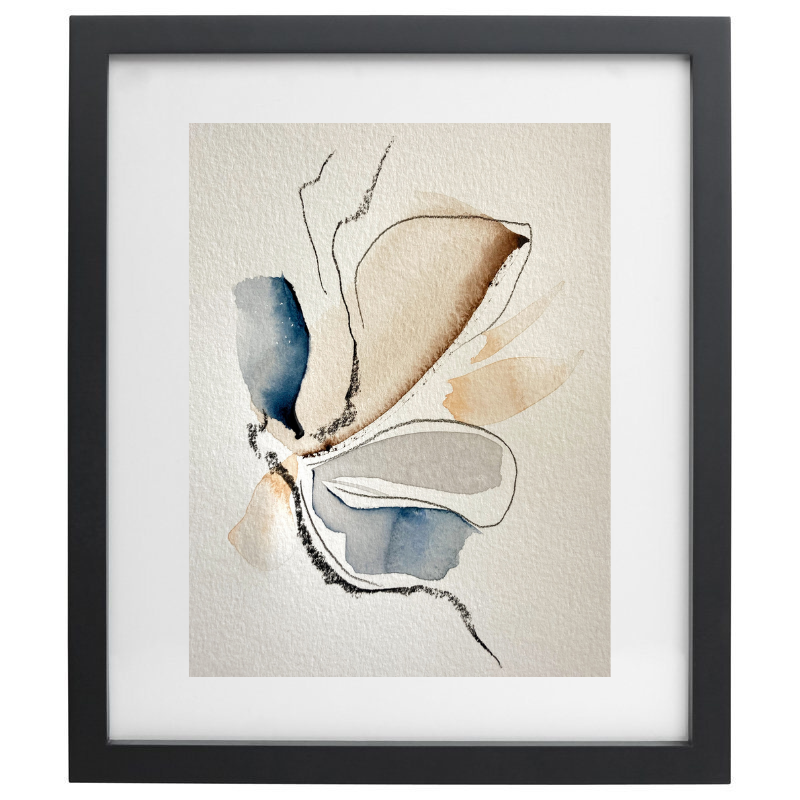 Abstract watercolour artwork in neutral palette in a black frame