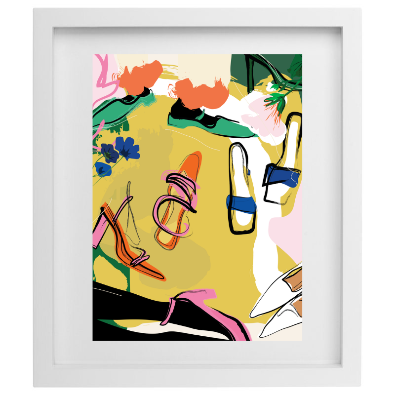 Colourful abstract heel artwork in a white frame