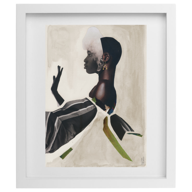 Neutral coloured fashion collage artwork in a white frame
