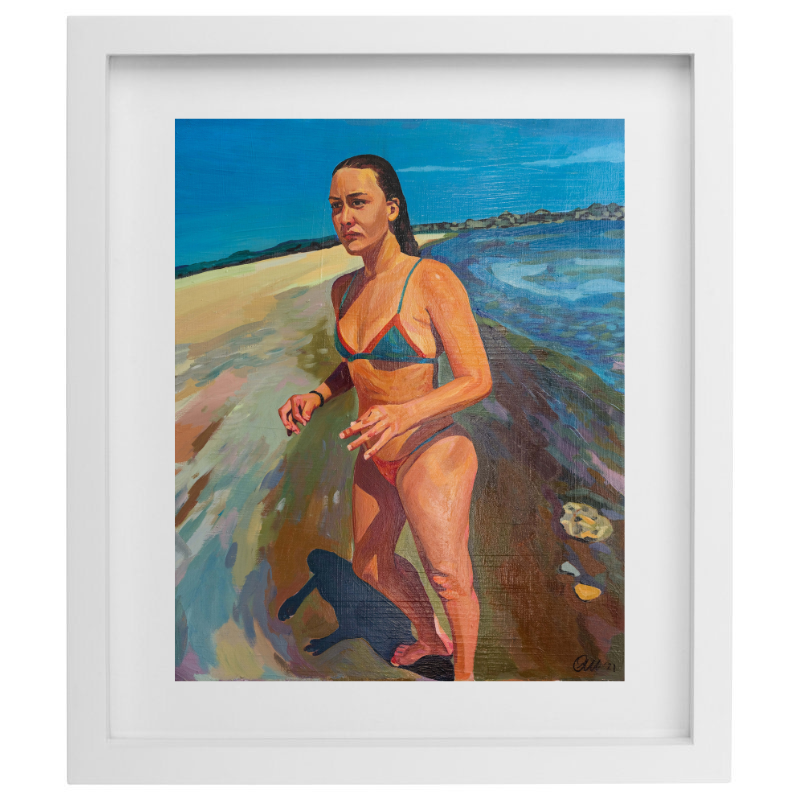 Realistic artwork of a female in a bikini at the beach artwork in a white frame