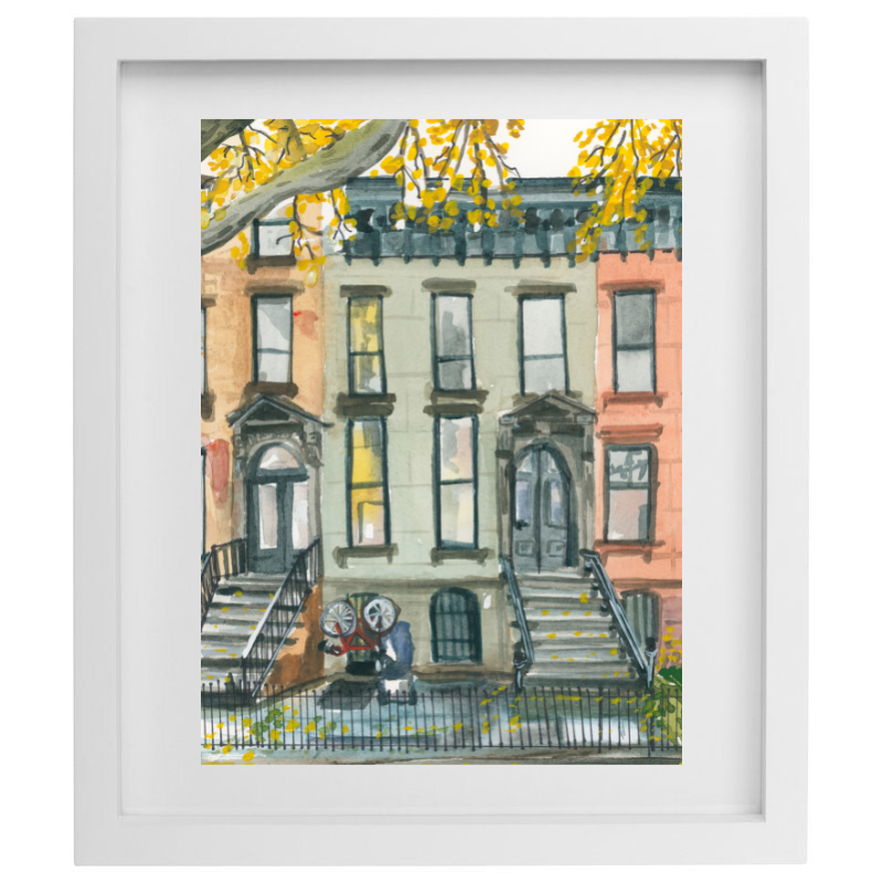 New York brownstone watercolour artwork in a white frame