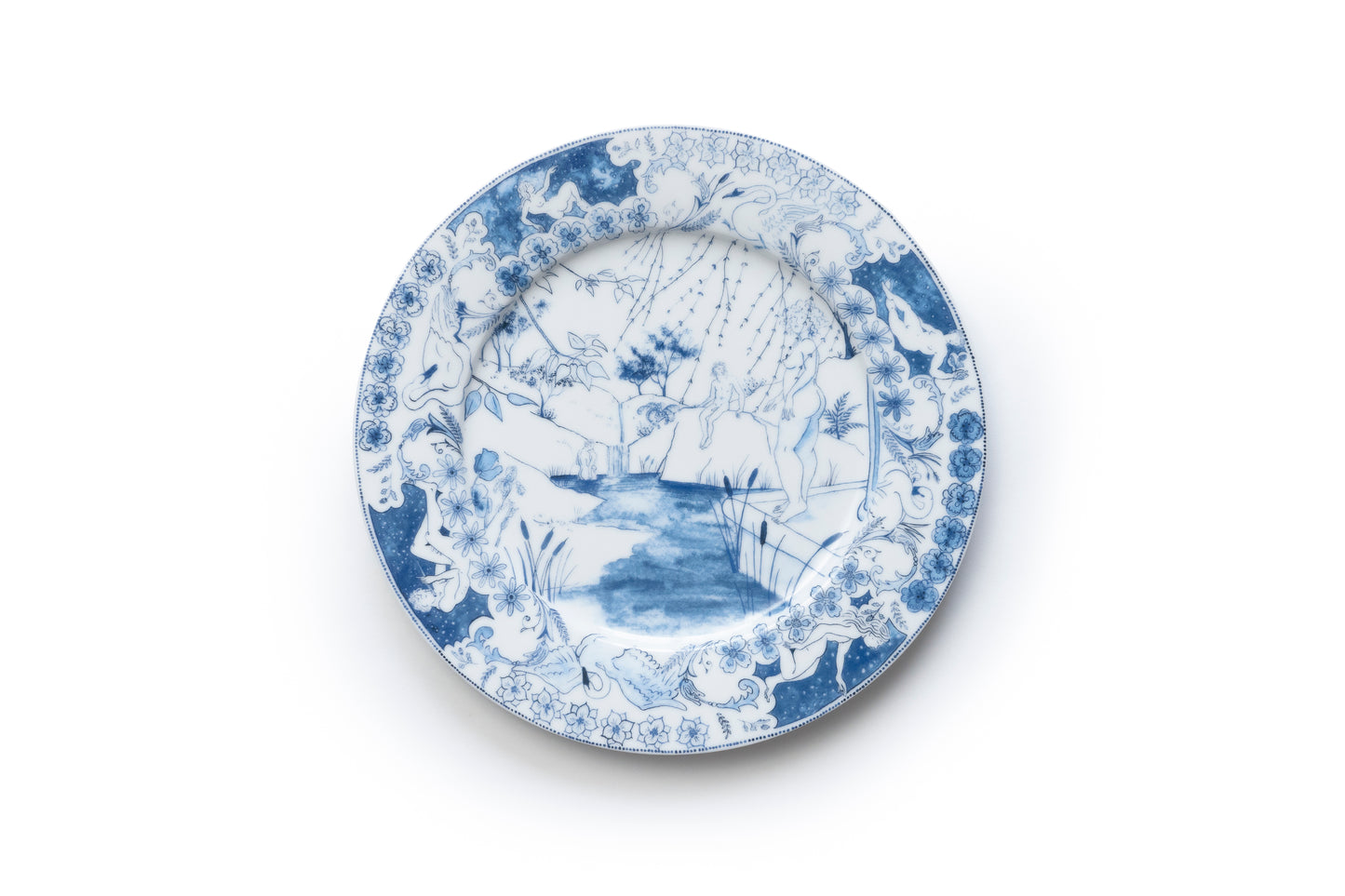 Blue and white porcelain plate with human figure and nature elements