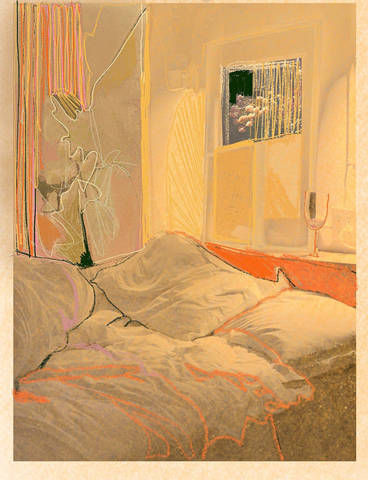 Artwork of a bedroom in a warm colour palette