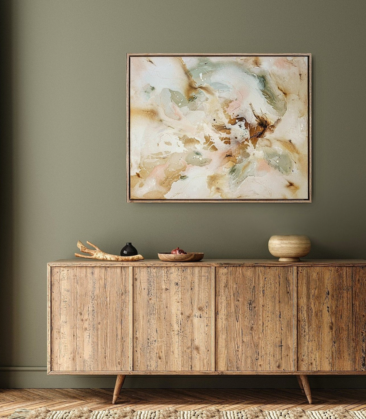 Abstract neutral coloured artwork pictured in a living room