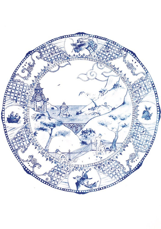 Blue and white watercolour artwork resembling a China plate