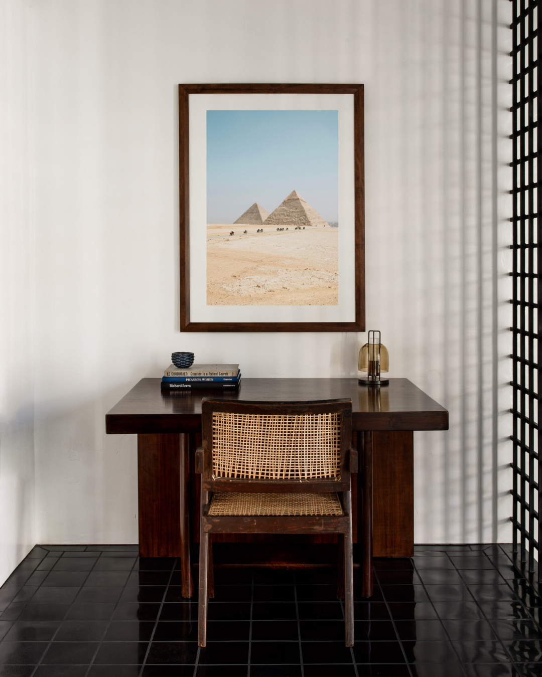 Egyptian pyramid photography pictured above a desk