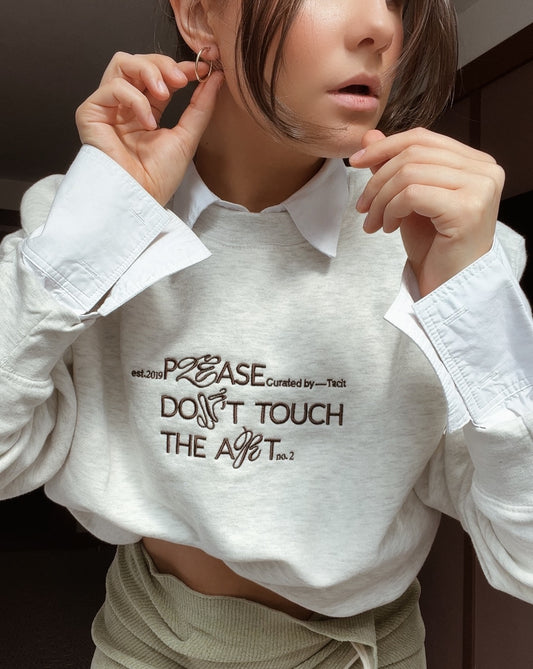 Tacit's "Please Don't Touch the Art" crewneck in oatmeal heather pictured on a model