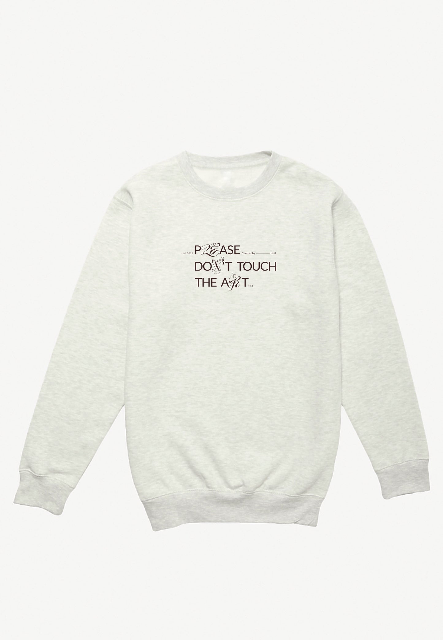 Tacit's "Please Don't Touch the Art" crewneck in oatmeal heather