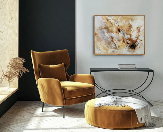 Abstract neutral artwork pictured in a living room