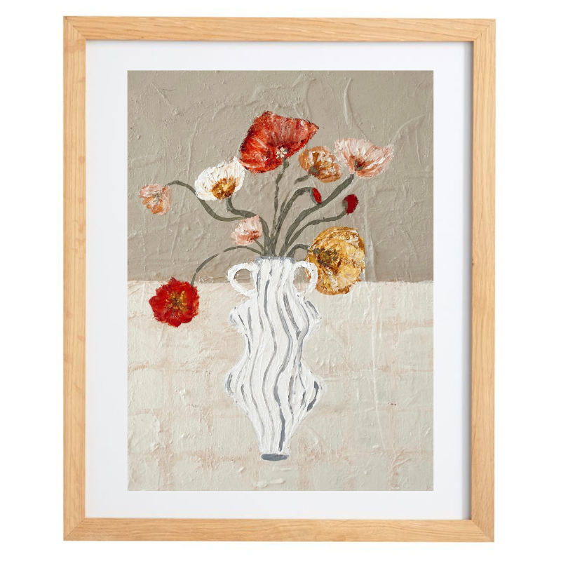 Artwork of a striped vase with poppies over a neutral background in a natural frame 