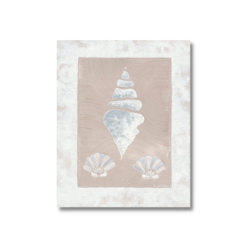 Neutral coloured seashell artwork pictured on the wall