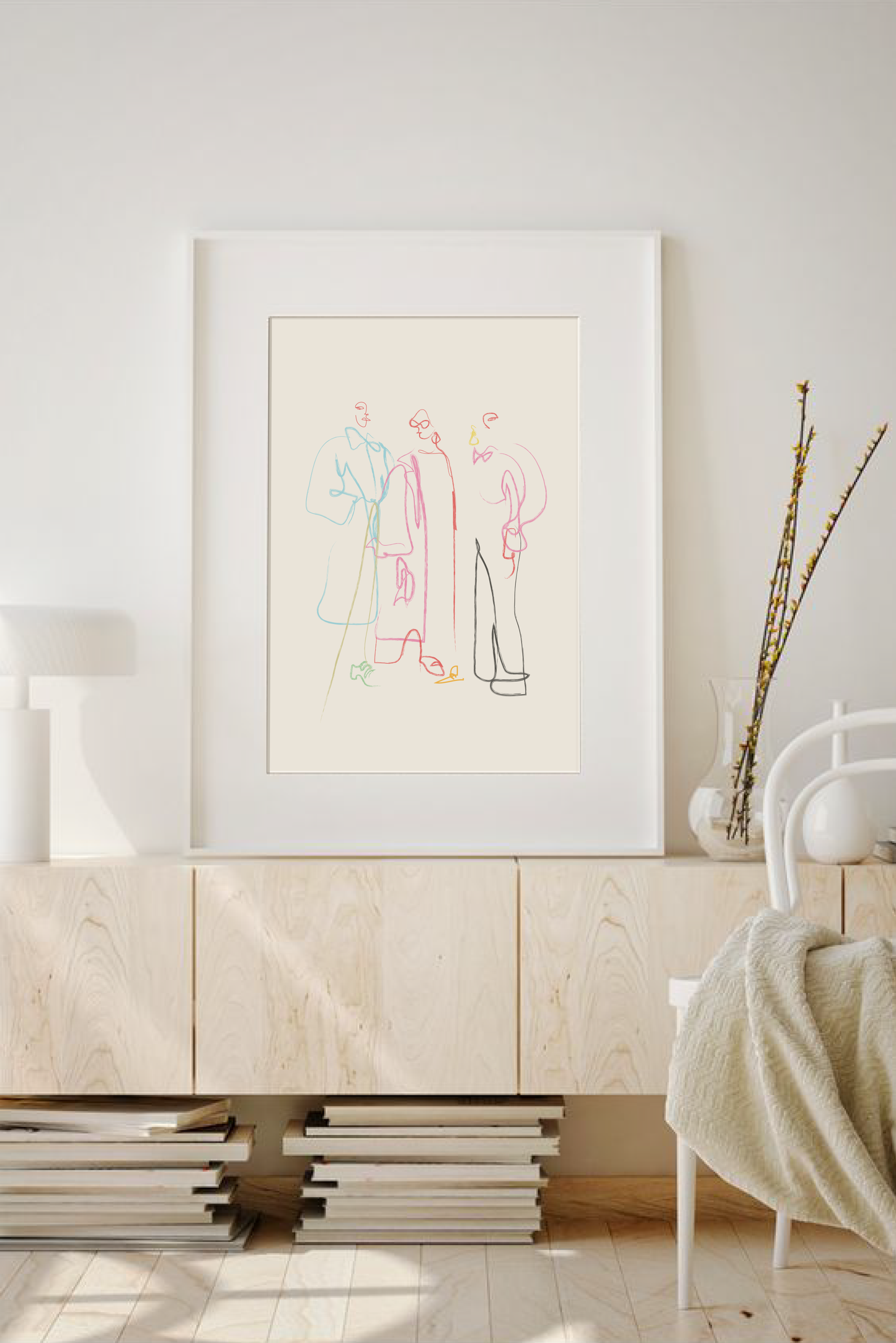 Abstract minimalist multicolour line artwork pictured on the wall