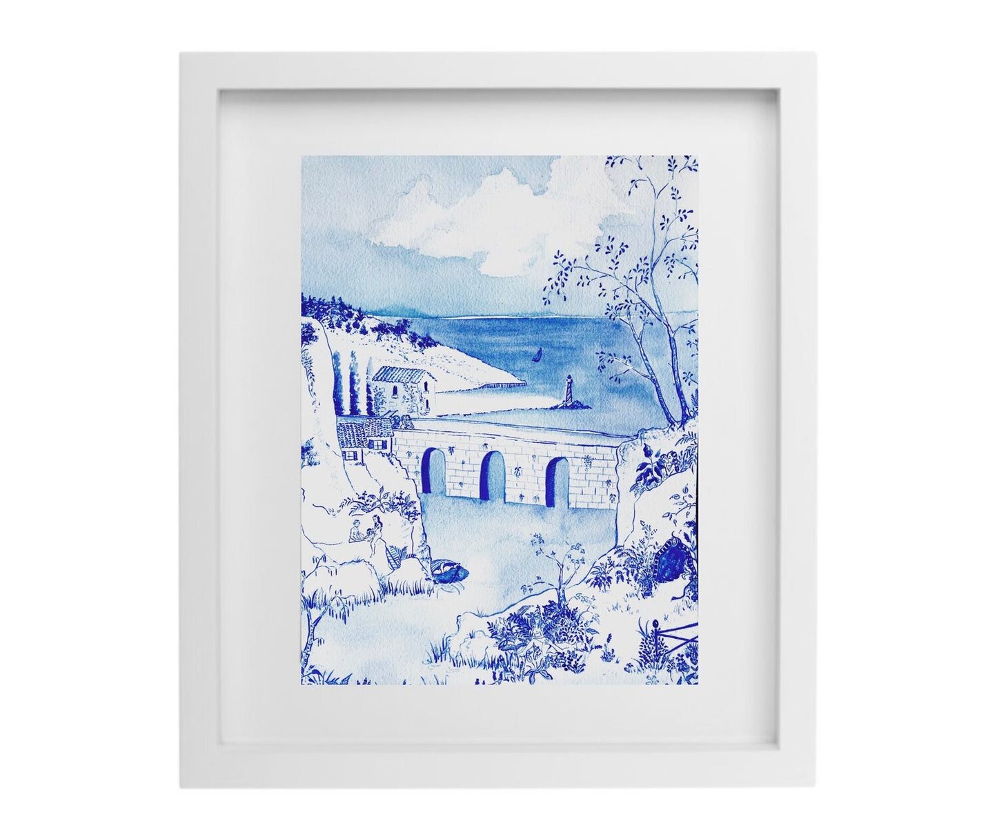 Blue and white watercolour artwork in a white frame