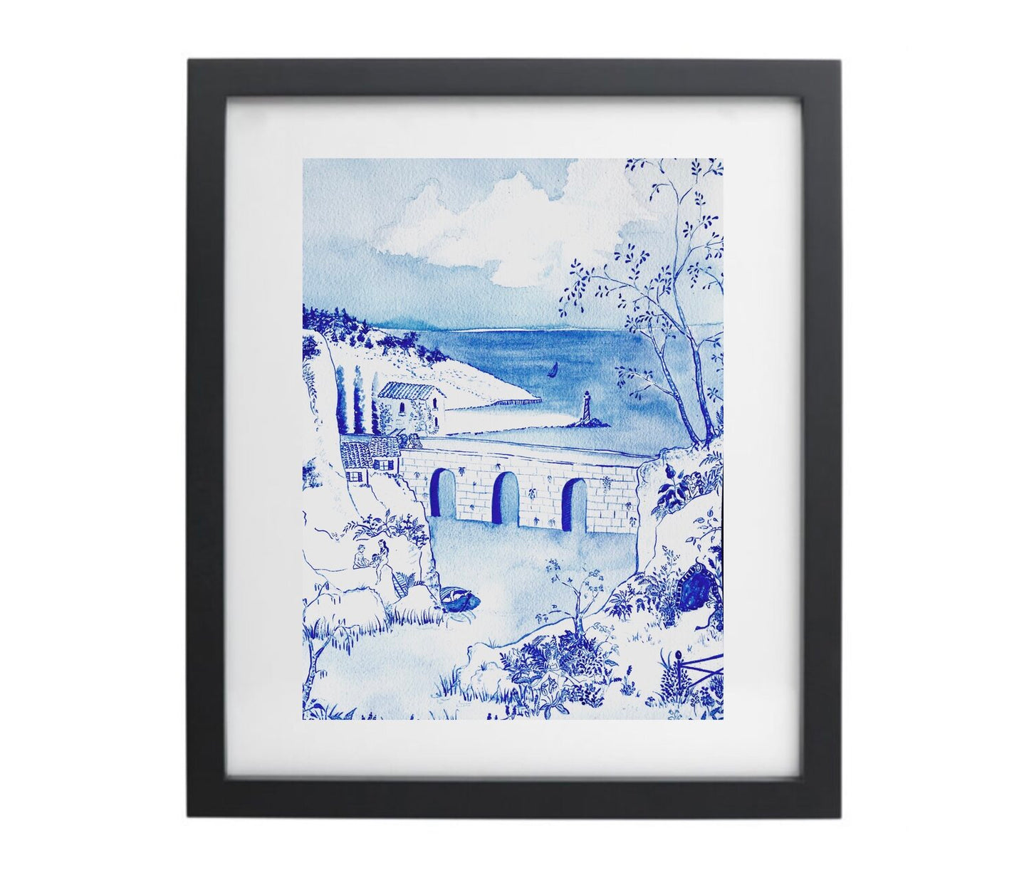 Blue and white watercolour artwork in a black frame
