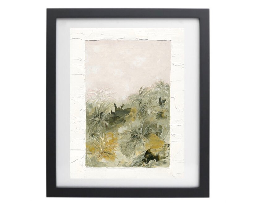 Abstract palm tree artwork in a black frame
