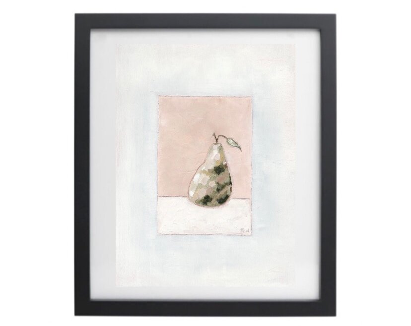 Moldy pear artwork in neutral colours in a black frame