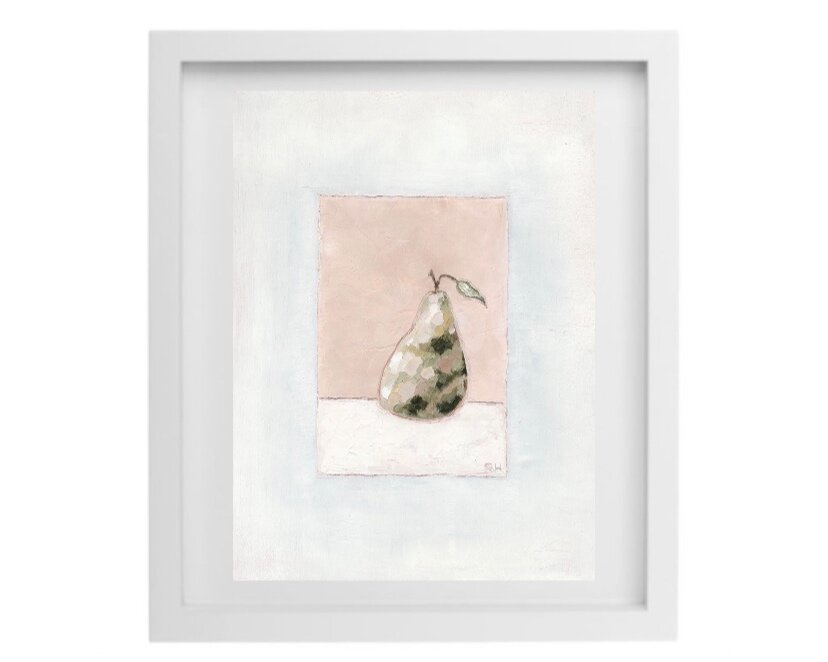 Moldy pear artwork in neutral colours in a white frame