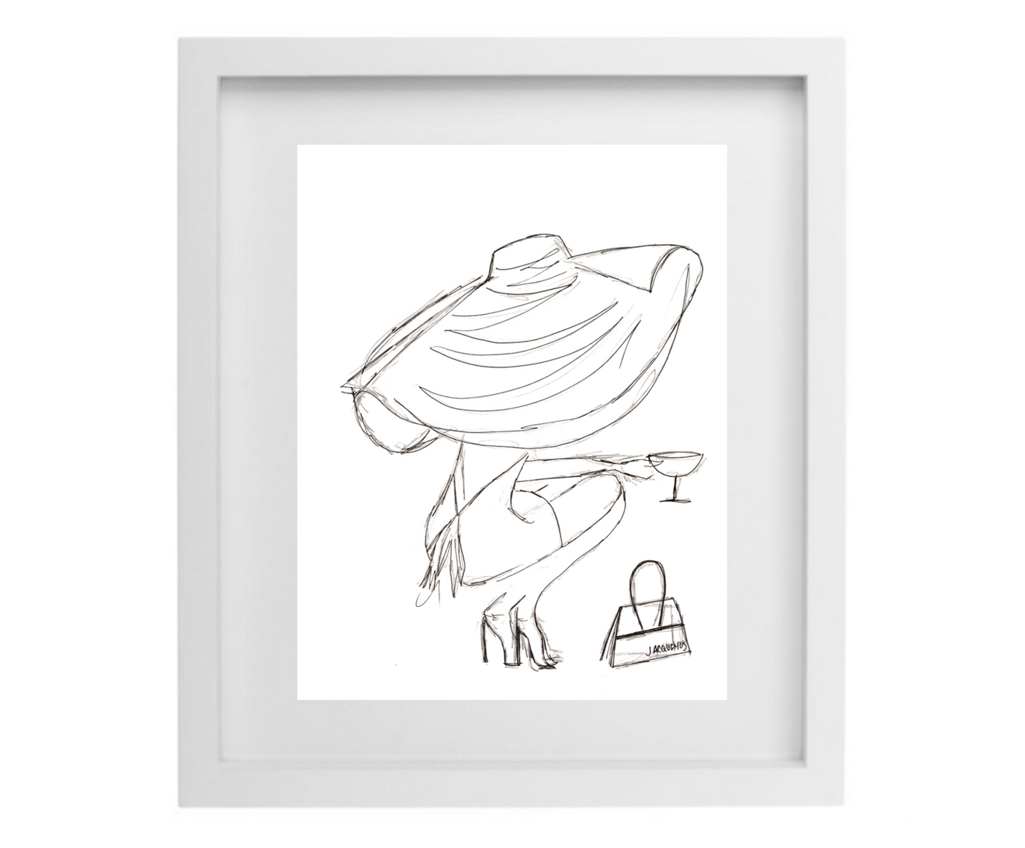 Big floppy sunhat black and white sketch in a white frame