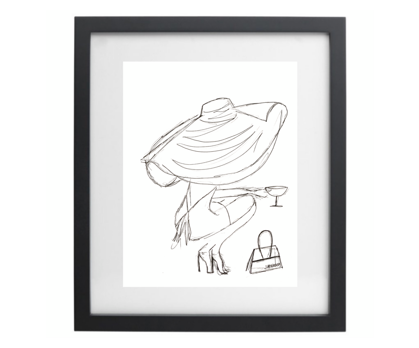 Big floppy sunhat black and white sketch in a black frame