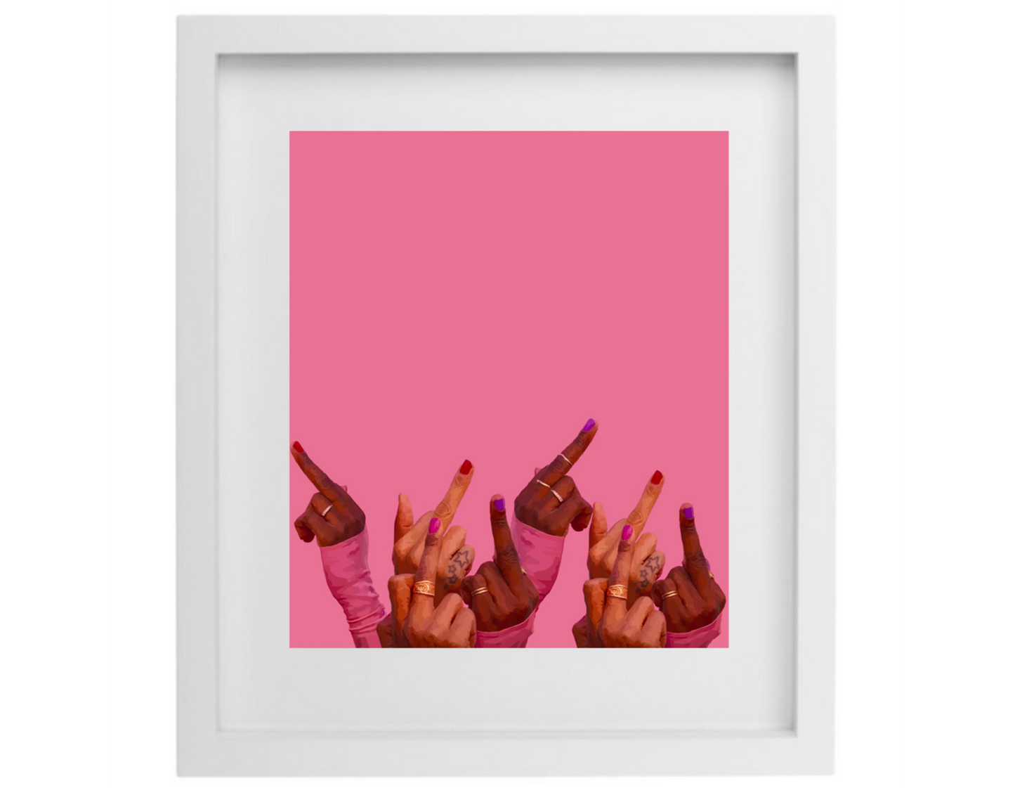 Pink middle finger artwork in a white frame