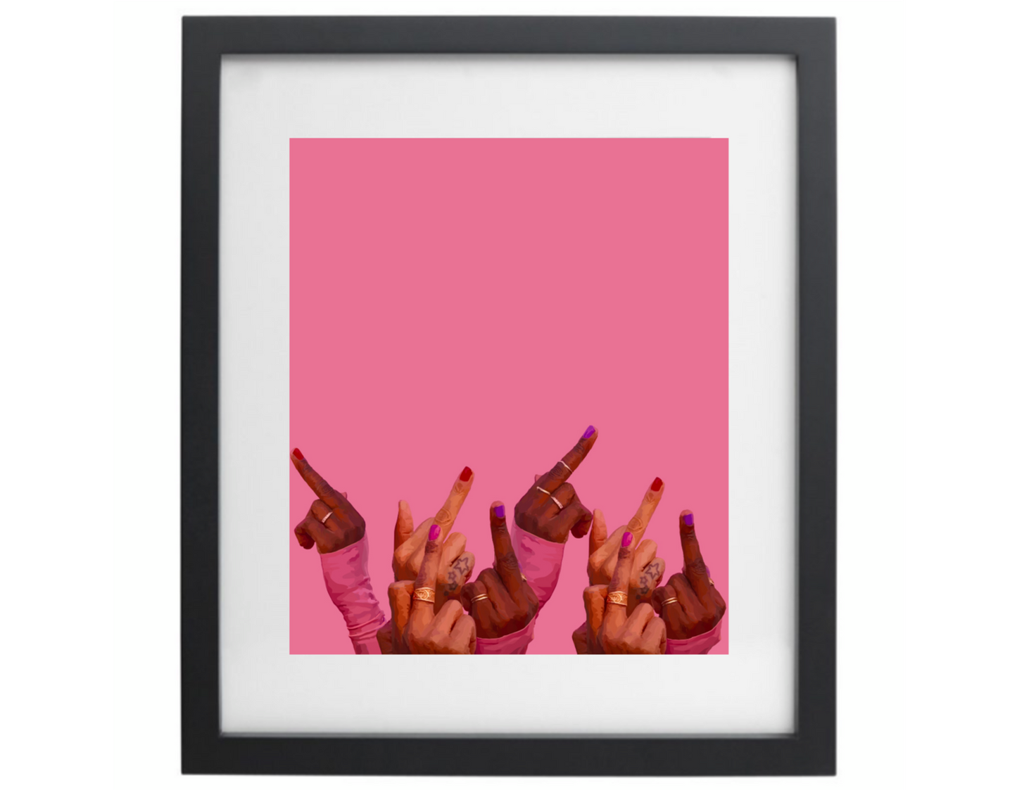 Pink middle finger artwork in a black frame