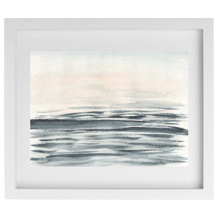 Abstract watercolour ocean artwork in a white frame
