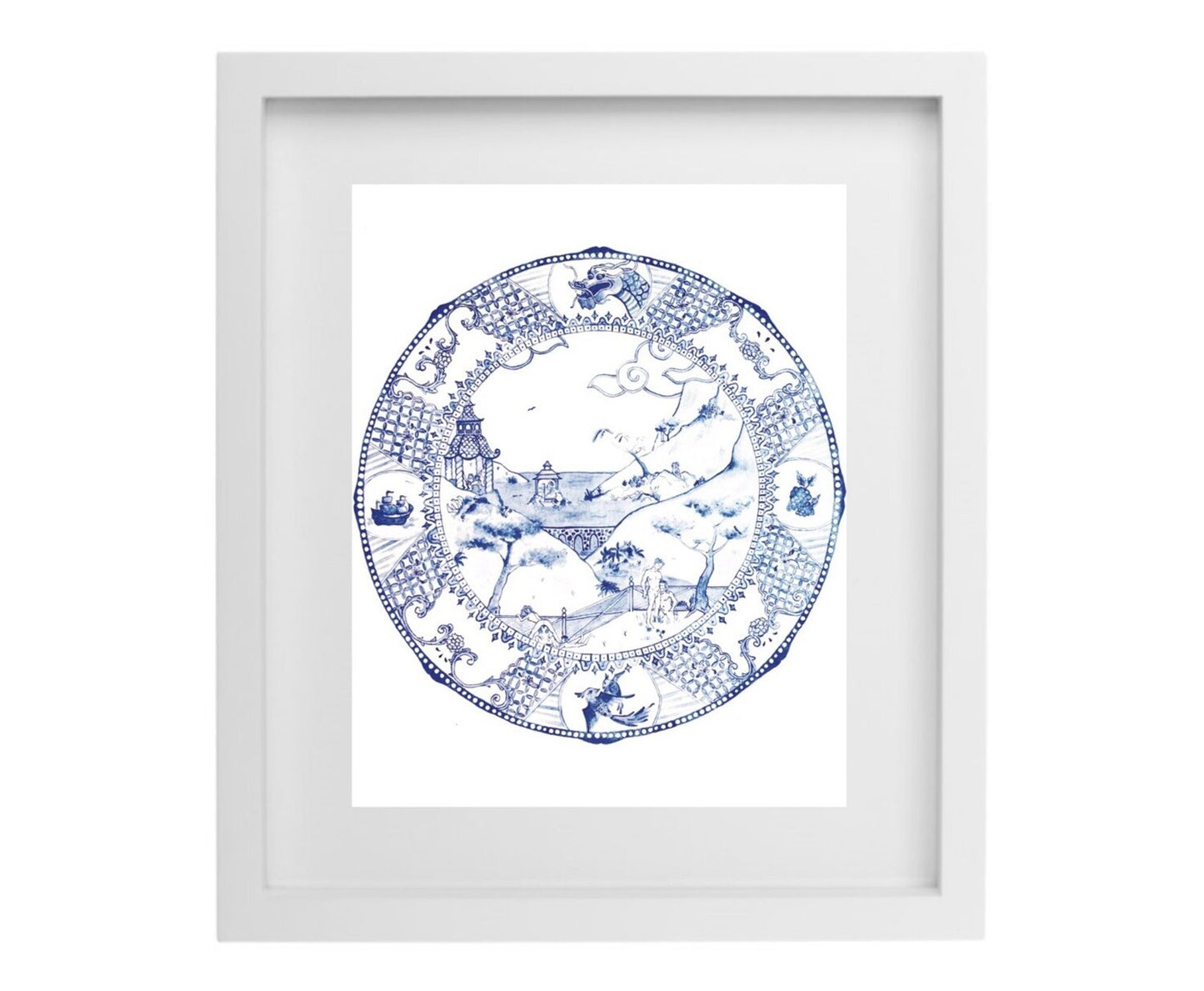 Blue and white watercolour artwork resembling a China plate in a white frame