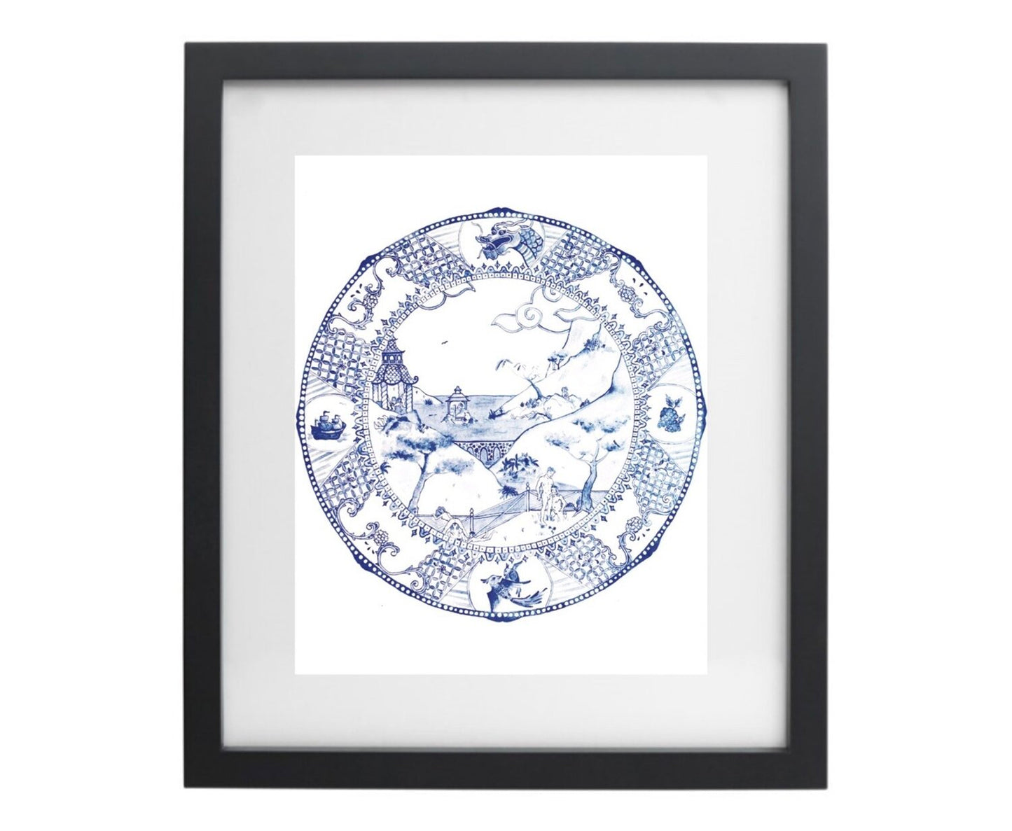 Blue and white watercolour artwork resembling a China plate in a black frame