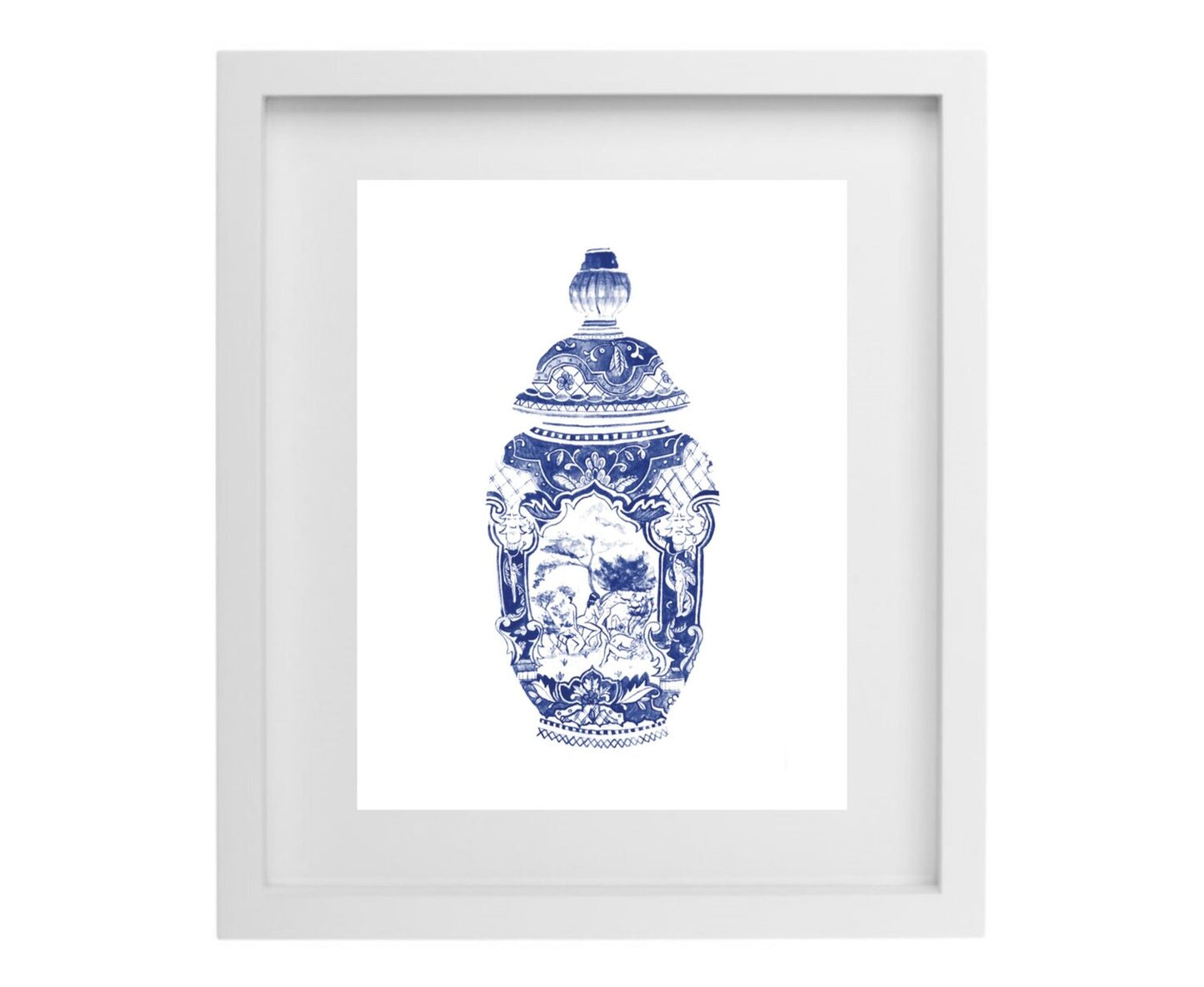 Blue and white watercolour vase with human figures in a white frame