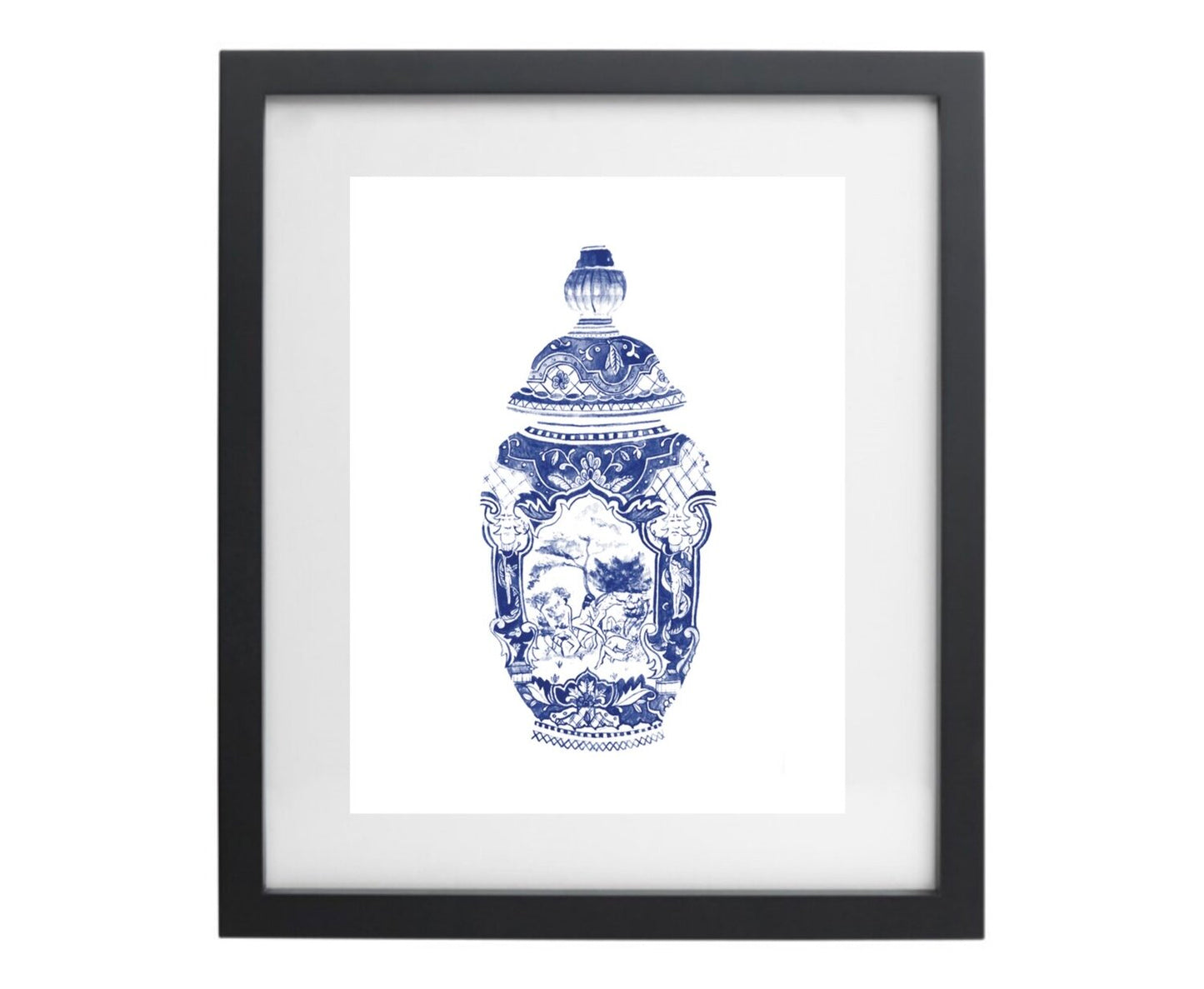 Blue and white watercolour vase with human figures in a black frame