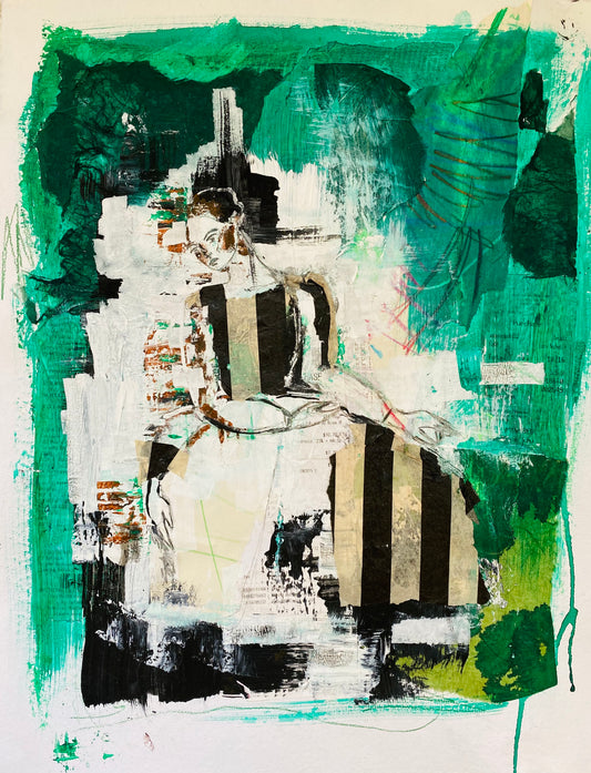 Abstract mixed media female form with green background