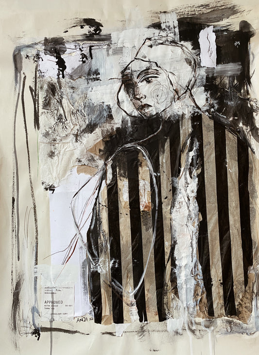 Abstract mixed media figure artwork in a neutral palette