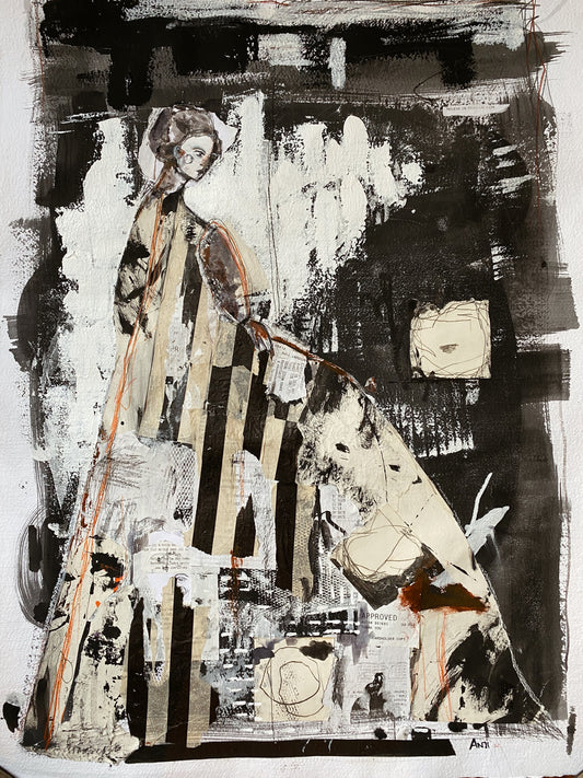 Abstract mixed media black and white figure artwork