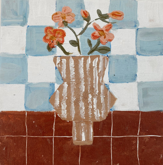 Artwork of a striped vase with flowers over a light blue checkered background 