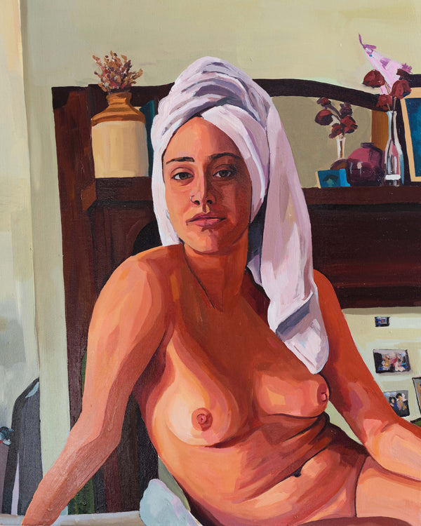Artwork of a nude female figure sitting on a bed 