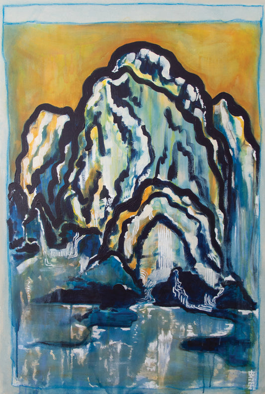 Blue and yellow abstract mountain artwork