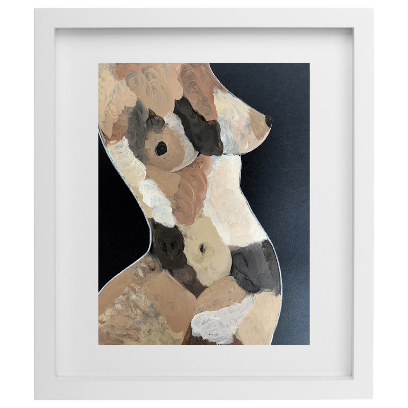 Neutral coloured female form artwork in a white frame
